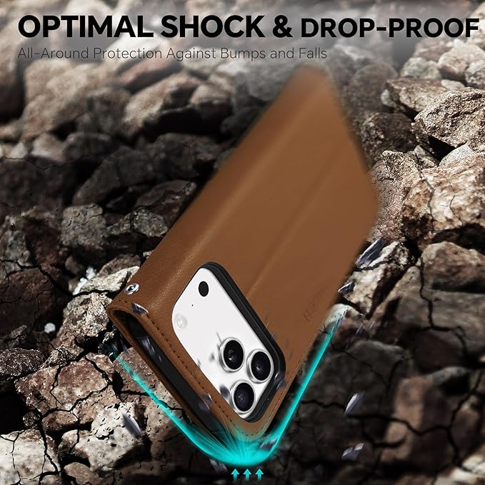 TUCCH Detachable Case Wallet for iPhone 17 Pro Max (6.9") 2025, Wrist Strap, 4 Card Holders RFID Blocking, Wireless Charging, Stand, 2-in-1 Magnetic, PU Leather, Shockproof Folio Cover, Brown