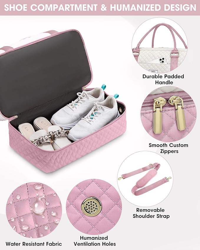 Travel Duffle Weekender Bags for Women: Overnight Bag with Shoe Compartment Carry On Bags with Toiletry & Wet Pocket Large Tote Hospital for Women Labor Delivery Beige Pink