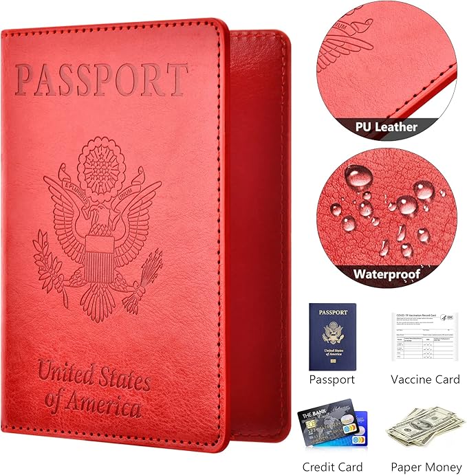 Eoehro Passport and Vaccine Card Holder Combo, Faux Leather, Compact, Lightweight, Waterproof, Red