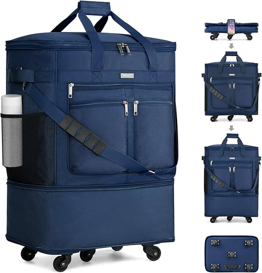MILADA Expandable Luggage Bags for Travel Foldable Suitcase with Wheels Collapsible Rolling Travel Duffle Bag Lightweight Large Suitcases without Telescoping Handle, Blue