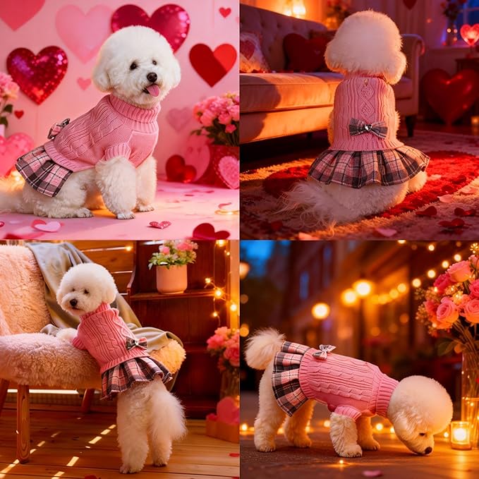 YUDODO Valentines Small Dog Sweater Dress with Bowtie Turtleneck - Knitted Pet Girl Dog Winter Clothes - Pet Warm Sweater for Puppy Yorkies, Chihuahua (L Pink)