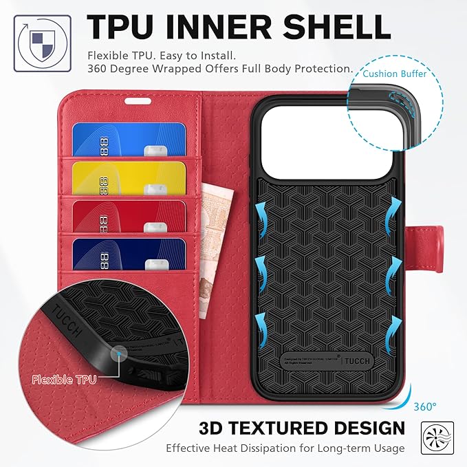 TUCCH Wallet Case for iPhone 17 Pro Max (6.9-Inch) 2025, RFID Blocking 4 Card Slots | Kickstand | Magnetic Closure | PU Leather | Shockproof TPU Shell | Protective Flip Folio Cover | Red