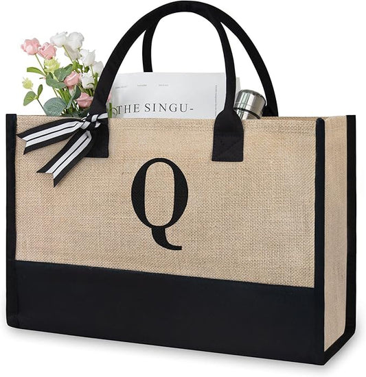 TOPDesign Personalized Initial Canvas Beach Bag, Monogrammed Gift Tote Bag for Women