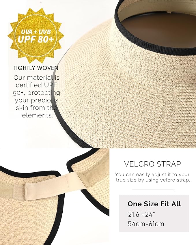 FURTALK Sun Hats for Women Wide Brim Beach Hat Straw Visor Ponytail Summer UV Packable Foldable Beach Vacation Essentials