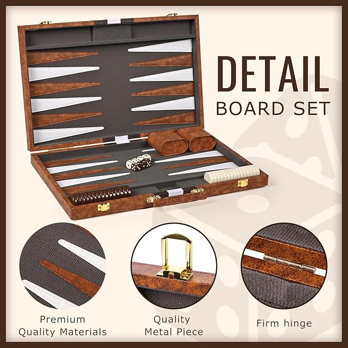 ropoda Backgammon Board Game Set (18 Inches) for Adults and Kids,Classic Board Strategy Game,Portable and Travel Backgammon Set with Premium Leather Case,Best Strategy & Tip Guid