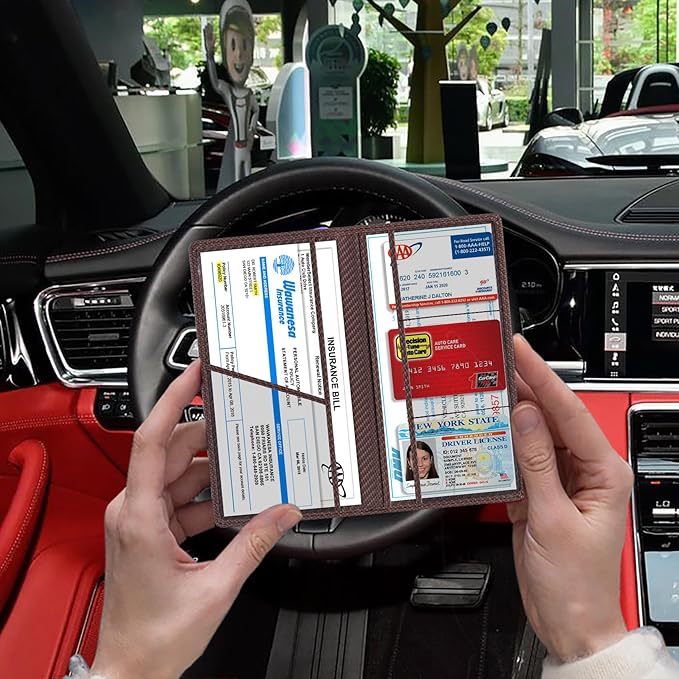 TOURSUIT Car Registration and Insurance Card Holder, Vehicle License Document Glove Box Compartment Organizer, Essential Car Wallet Case for Driver Auto Owners (Carbon Coffee)