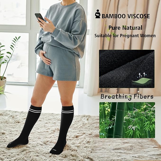 LEVSOX Viscose Made from Bamboo Compression Socks for Pregnant Women 20-30 mmHg Knee High Cute Mens Supports Socks for Travel