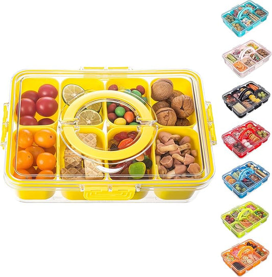 Divided Serving Tray with Lid and Handle - Snackle Box Charcuterie Container for Portable Snack Platters Organizer for Candy, Fruits, Nuts, Snacks - Perfect for Party, Entertaining, Yellow