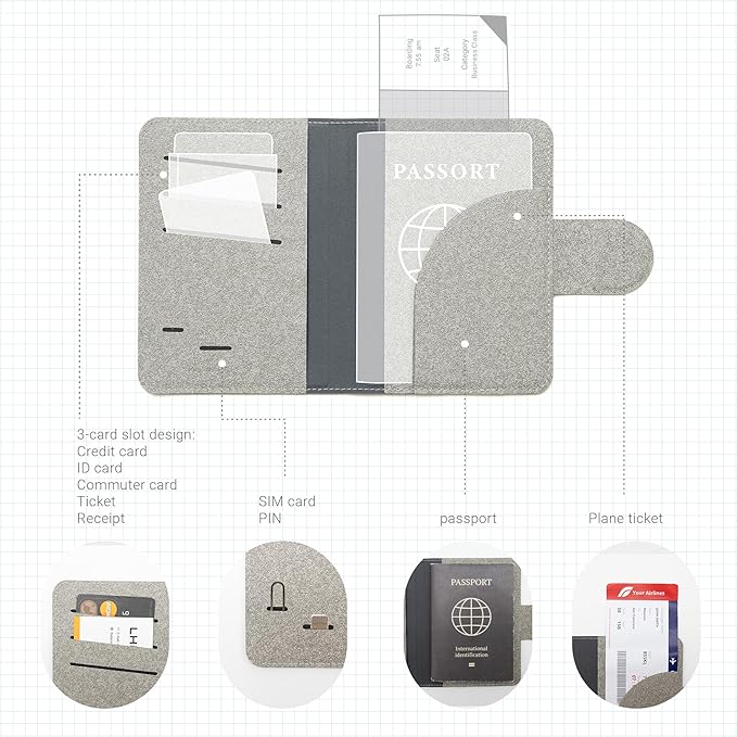 LHiDS Leatherette Passport Holder with RFID Protection, Premium PU Leather, Snap Button Closure, Travel Passport Wallet Cover for Passport, Boarding Passes, Business Cards, Cash (Grey)
