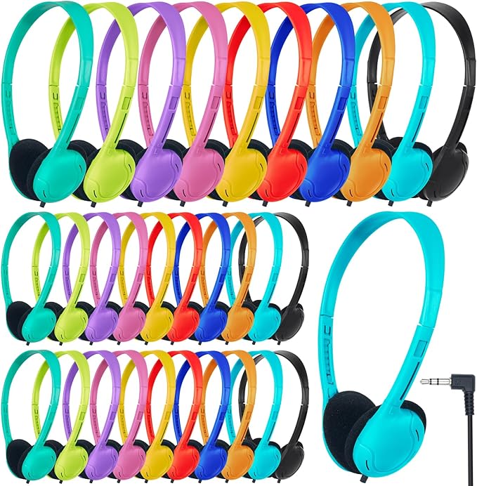 Headphones Bulk for School Classroom 100 Pack On Ear Classroom Headphones for Student,Group Learning, Computer Lab, Library, Online Lesson and Testing 3.5mm Jack (10 Mixed Colors)