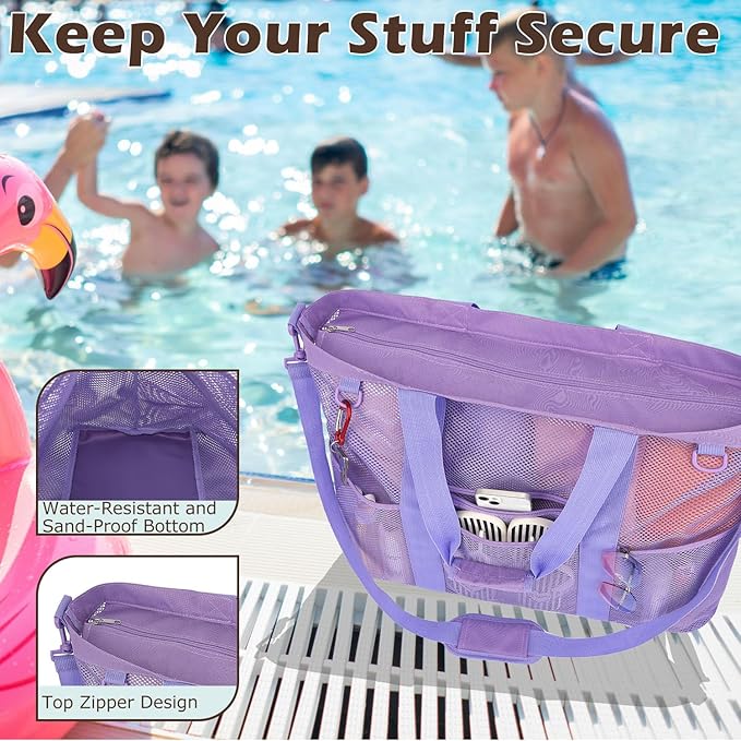 Mesh Beach Bag, Large Beach Tote with Zipper Pocket for Family Pool Bag for Toys & Vacation Essentials