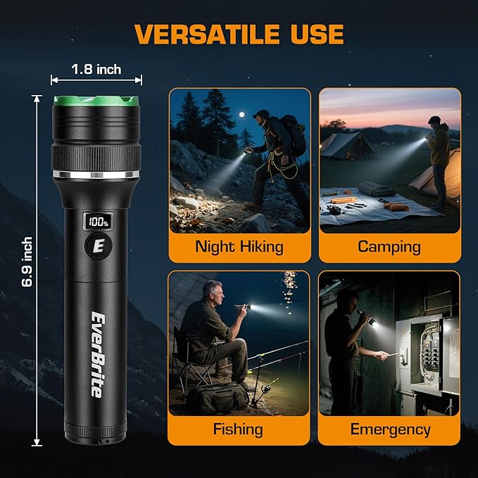 EverBrite Rechargeable LED Flashlight 1000 Lumens, 4 Modes Super Bright Zoomable Flash Light with Power Bank, Memory Function, Power Indicator for Outdoor Camping, Emergency, Home Use