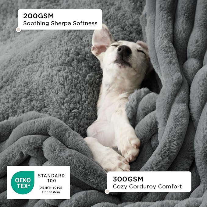 Bedsure Waterproof Dog Blankets for Large Dogs - Soft Pet Cat Blanket Corduroy Fleece for Bed Protector Washable, Cozy Calming Reversible Furniture Protection for Puppy,60"x80", Warm Grey
