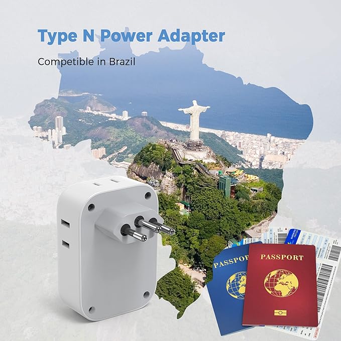 TESSAN Brazil Power Adapter, US to Brazil Travel Plug with 4 American Outlets 3 USB Charger (1 USB C Port), Type N Adaptor for USA to Brazilian Brasil
