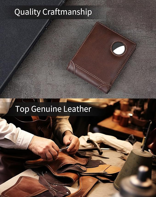 Swallowmall AirTag Wallet Mens RFID Blocking Genuine Leather Bifold Men's Wallet For air tag with 2 ID Window 10 Card Holders Removable Card Slot Taxes Brown(Airtag Not included)