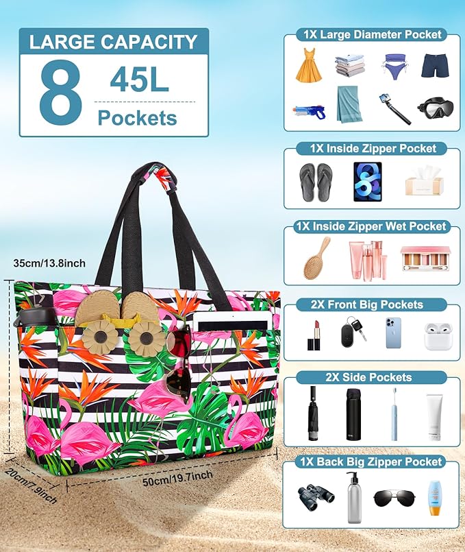Extra Large Beach Bag Waterproof Beach Totes Bags for Women, Lightweight Foldable Pool Bag with Zipper Wet Compartment