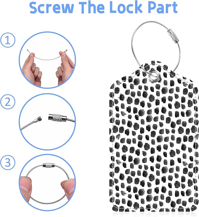 Set of 2 Luggage Tags Black White Watercolor Dots Leather Suitcases Tag with Privacy Cover Stainless Steel Loop and Address Card for Women Men Travel