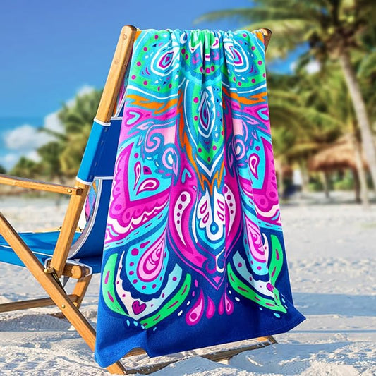 4 Packs Oversized Thin Beach Towel Set, 36 x 72 in XL Extra Large Big Soft Pool Swim Travel Towels Clearance for Adult Women Men Lounge Chair Cover Accessories Essentials Blue Vortex Orange Stripes