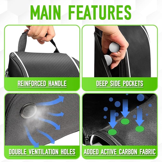 Smell Proof Shoe Cleat Bag for Travel Men - Golf Soccer Zippered Sport Shoe Carrier Bags with Ventilation & Side Pockets for Socks, Tees, Golf Balls; Golf Accessories Fathers Dad Day Gifts for Men