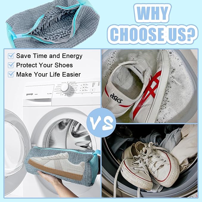 XXL Shoe Washing Machine Bag - 2-Pack Reusable Shoes Cleaning Bags, 360° Deep Clean for Tennis Shoes, Sneakers and Slippers, Includes 2 Shoe Storage Dust Bags (Gray)