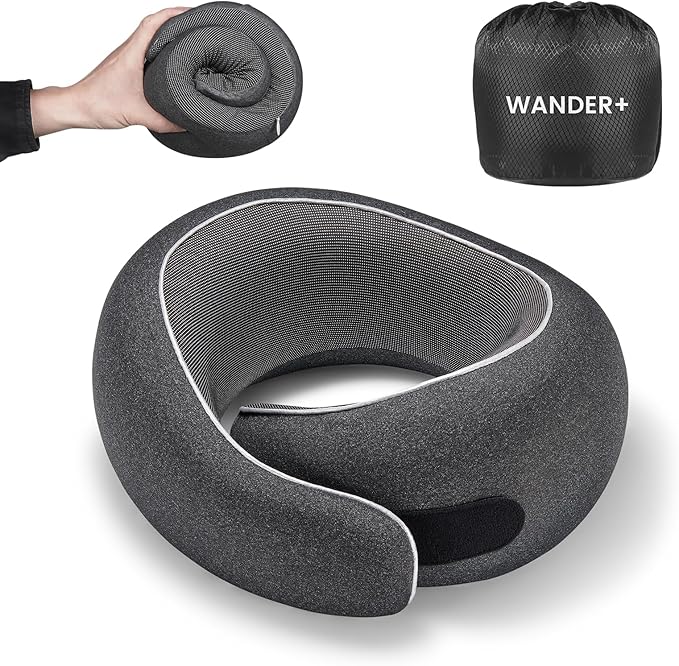 WANDER PLUS® Travel Pillow, 100% Pure Memory Foam Travel Neck Pillow Airplane Neck Support Ergonomic Design Best for Sleeping Plane Car Train Office Flight for Adults Black