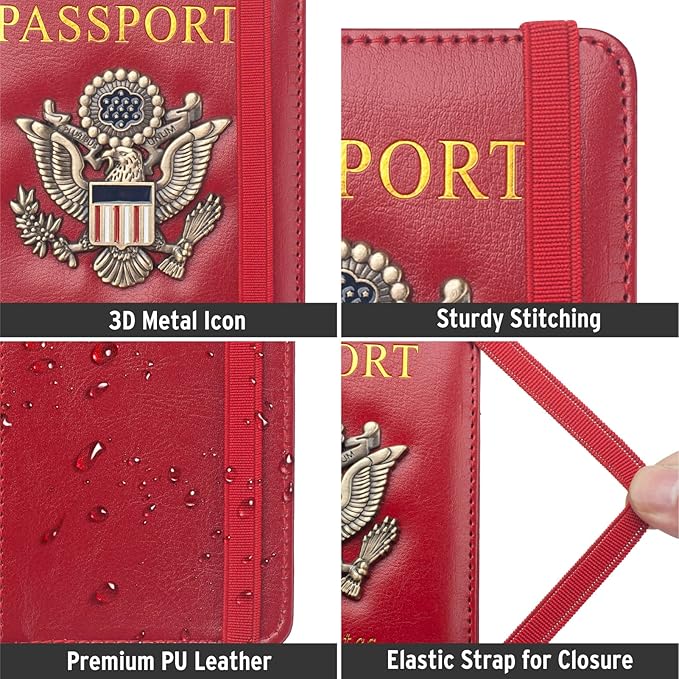 Coowayze US Passport Holder Wallet for Travel Men Women Red RFID Passport Cover Case, Waterproof Red Leather Passport Book Protector with Vaccine Card Slot Travel Document Organizer