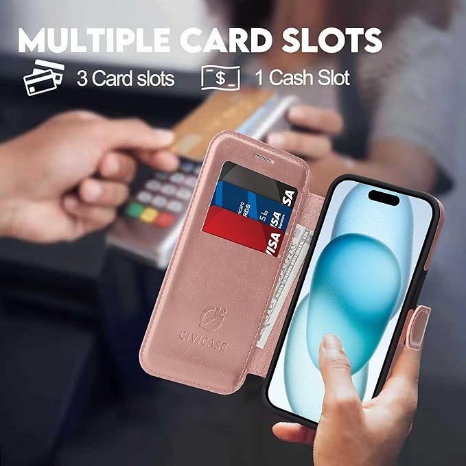 CIVICASE for iPhone 13 Pro Wallet Case with Stand,PU Leather Flip Credit Card Holder Slots (RFID Blocking),Compatible with Magsafe Magnetic Holder Phone Cover Women Men,Rose Gold