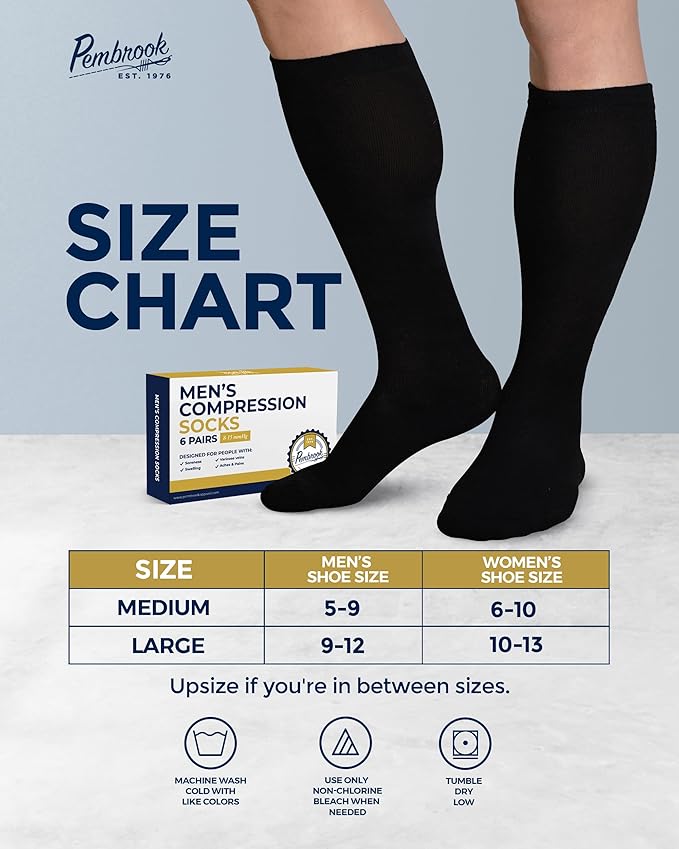 Pembrook Light Compression Socks for Men - 6 Pairs | 8-15 mmHg Graduated Compression Socks for Men 9-12 | Support Socks