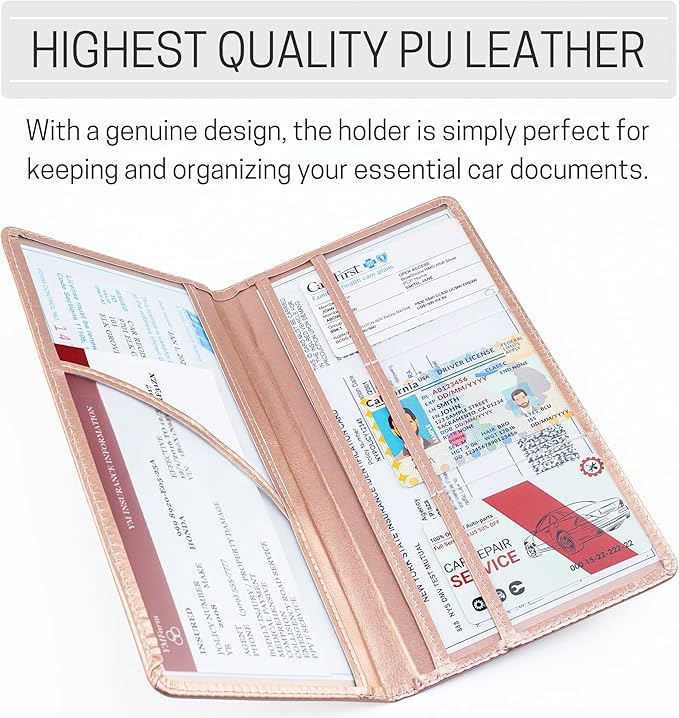 CANOPUS Car Registration and Insurance Holder, PU Leather Card Holder, Vehicle Glove Box Organizer for Auto, SUV, Truck, Rose Gold