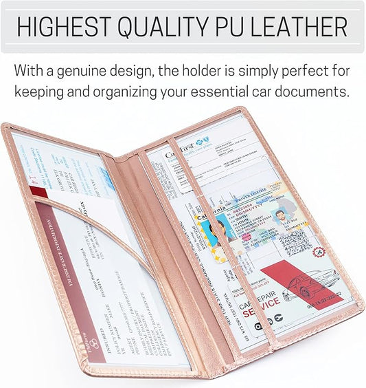 CANOPUS Car Registration and Insurance Holder, PU Leather Card Holder, Vehicle Glove Box Organizer for Auto, SUV, Truck, Rose Gold