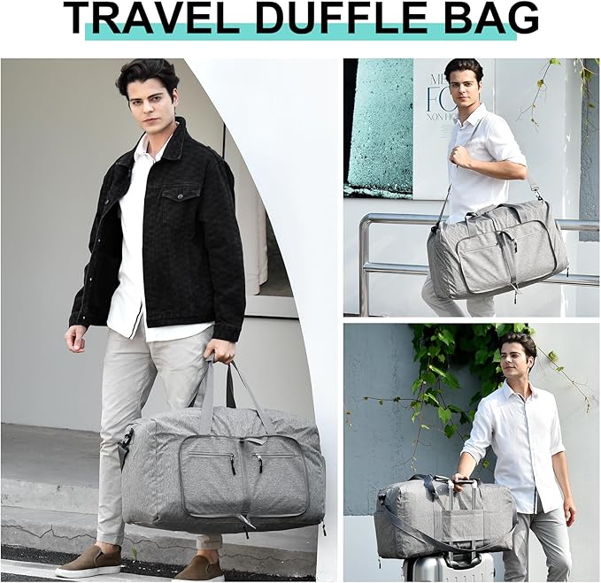 Dimayar 65L Travel Duffle Bag for Men Women - Foldable Duffel Bag with Shoes Compartment - Overnight Bags Waterproof & Tear Resistant(Gray)