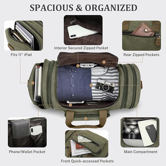 Gonex Canvas Duffle Bag for Travel 50L Duffel Overnight Weekender Bag (Army Green)