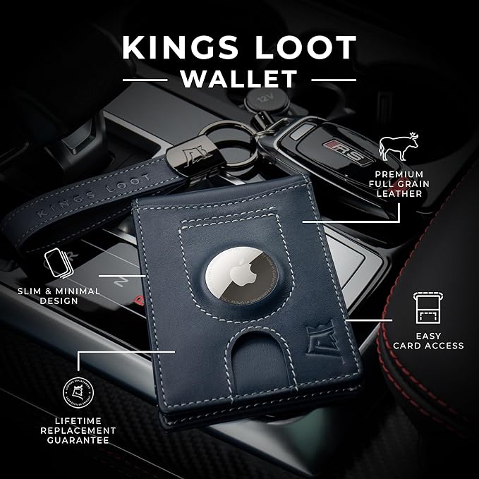 Kings Loot Trackable Airtag Wallet for Men | RFID Blocking Leather Design with Airtag Holder, Money Clip & Pull Tab | Minimalist Air Tag Wallets