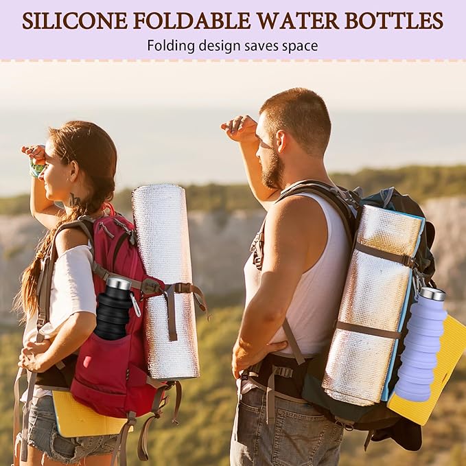 Baderke 2 Pcs Collapsible Water Bottles 17oz Silicone Travel Foldable Portable Water Bottle with Buckle Silicone Lightweight Reusable Leakproof for Camping Hiking Cycling Sport(Purple, Black)