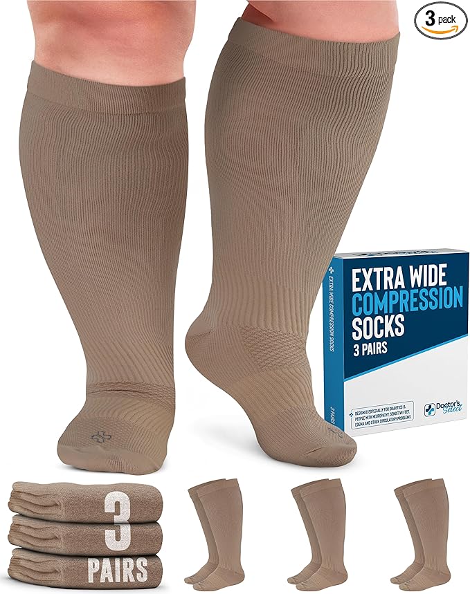 Doctor's Select 3 Pairs Plus Size Compression Socks Wide Calf - Up to 6XL | 20-30 mmHg Compression Socks for Women Wide Calf | Tan-XXL