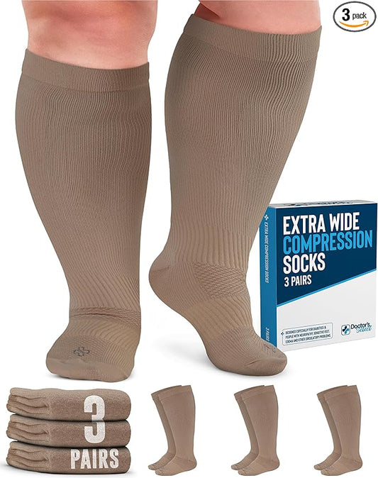 Doctor's Select 3 Pairs Plus Size Compression Socks Wide Calf - Up to 6XL | 20-30 mmHg Compression Socks for Women Wide Calf | Tan-XXL