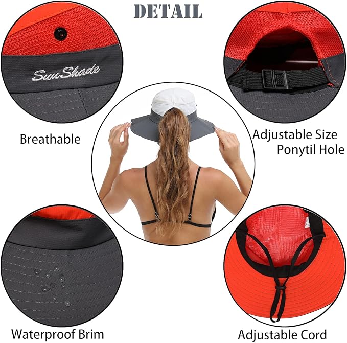 Womens Summer Sun Hat Beach Hat Wide Brim Outdoor UV Protection Hat Foldable Cool Mesh Ponytail Bucket Hat