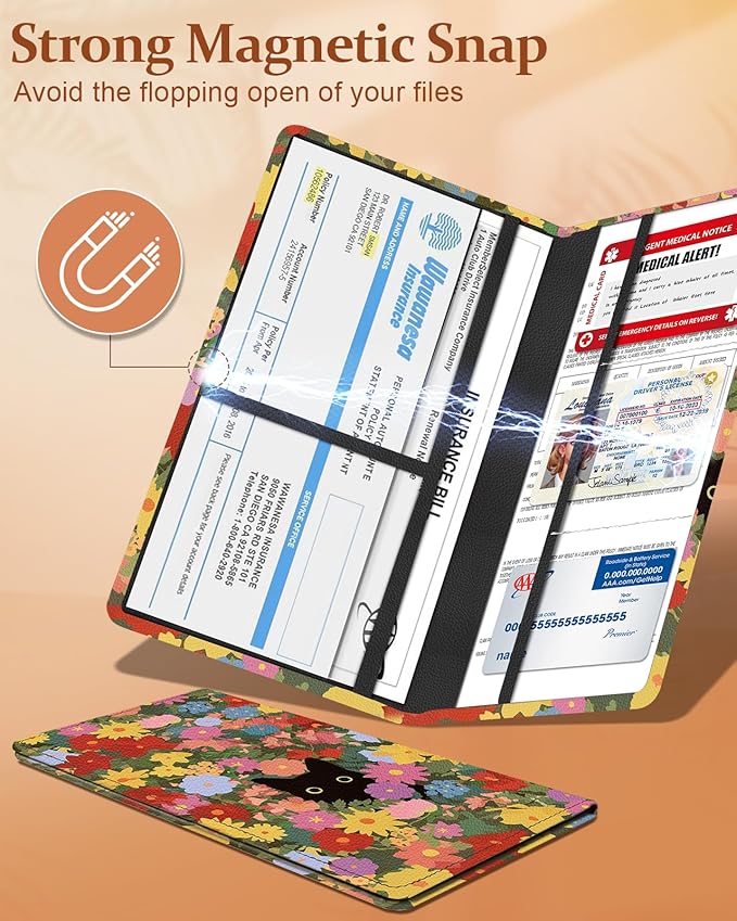 Slohif Car Registration and Insurance Card Holder - Flower Vehicle Glove Box Organizer Women with Magnetic Shut Leather Automobile License Holders Coasters Auto Accessories Case for Document