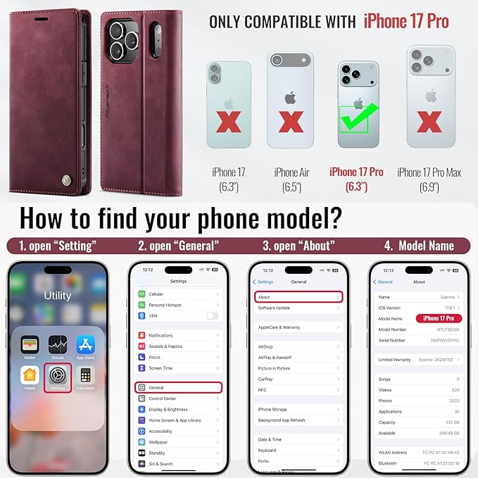 PlusnapX Wallet Case for iPhone 17 Pro Compatible with Magsafe, 2-in-1 PU Leather Flip RFID Blocking Card Holder Stand Shockproof Magnetic Detachable Case for iPhone 17 Pro Case 6.3", Burgundy