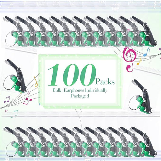 Kanayu 100 Pack Wired Earbuds Bulk for Classroom Ear Headphones Wired Basic Student Earbuds No Microphone with 3.5MM Jack for Class Laptop School Library, Individually Bagged (Green)
