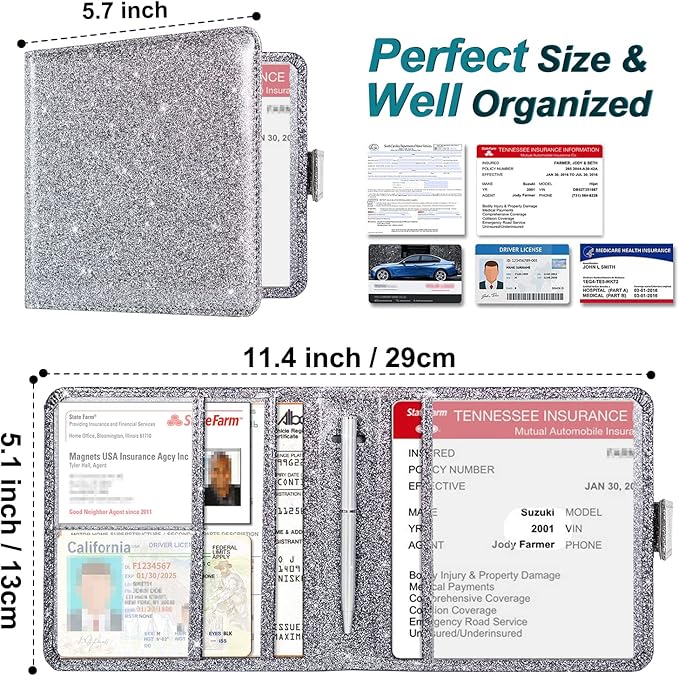 Car Registration & Insurance Holder - Premium Leather Document Organizer for Cards, Essential Documents, Driver License - Gray Glitter