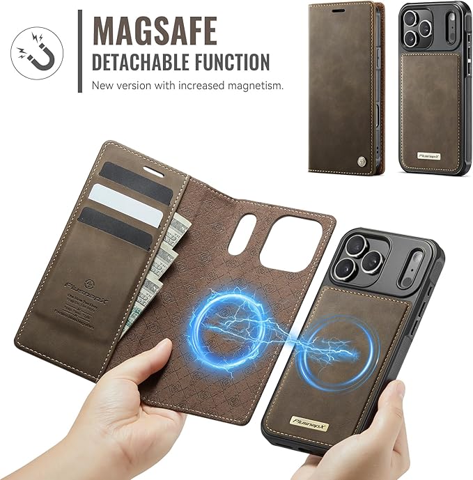 PlusnapX Wallet Case for iPhone 17 Pro Max Compatible with Magsafe, 2-in-1 PU Leather Flip RFID Blocking Card Holder Stand Shockproof Magnetic Detachable Cover for iPhone 17 Pro Max Case 6.9", Brown