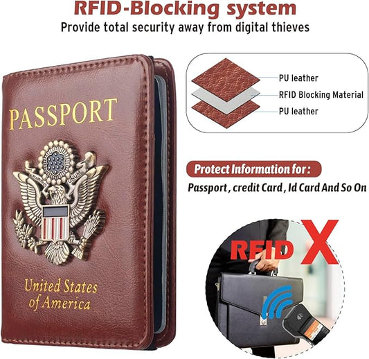 RFID Passport Holder Wallet for Women Men Travel, Leather US Passport Cover Case with Vaccine Card Slot, Waterproof Passport Book Travel Document Organizer Carrier Protector