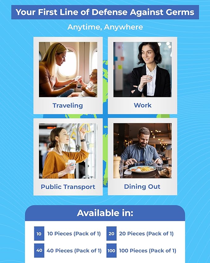 40 Count Sanitizing Wipes, 70% Alcohol, Individually Wrapped, Wet Wipes, Travel Size, Airplane Essentials