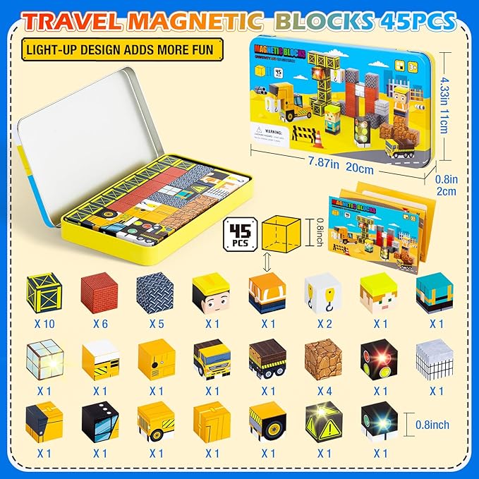 45PCS Magnetic Blocks Travel Toys for Kids with Portable Iron Box, Mini Magnetic Cubes Toys for Airplane & Car Ride STEM Learning Gift Idea for Ages 3+（ Construction Theme）