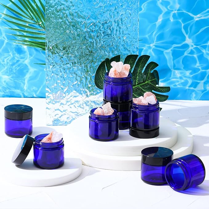 Domensi 32 Pcs 2 oz Glass Jars with Lids Travel Size Round Leakproof Empty Cosmetic Jars with Inner Liners Lid for Storing Makeup Lotions Face Cream Ointments Candle DIY Making (Royal Blue)