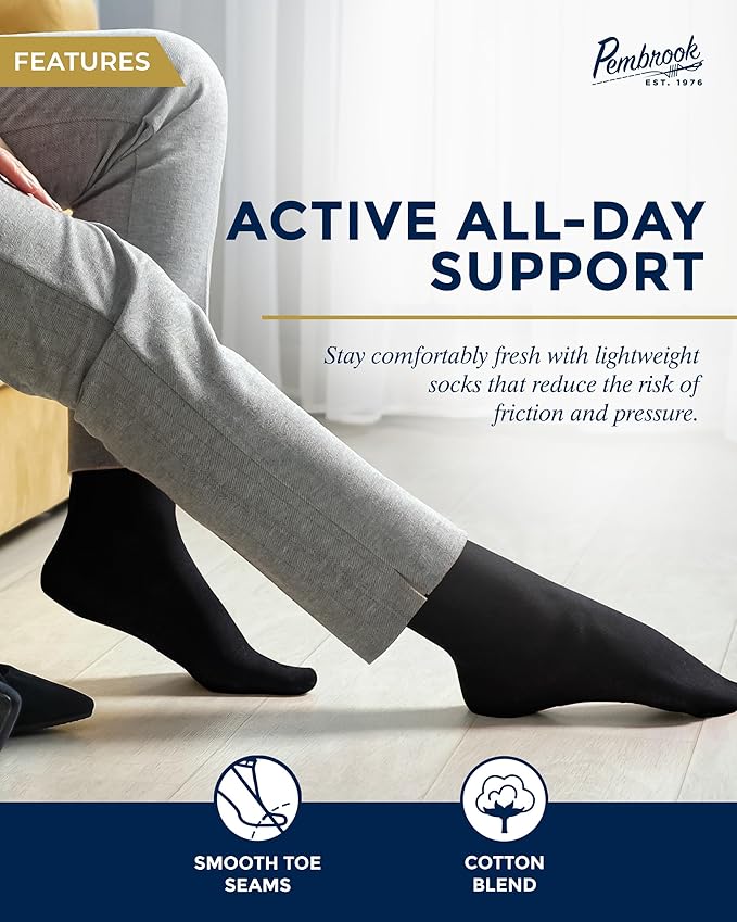 Pembrook Light Compression Socks for Men - 6 Pairs | 8-15 mmHg Graduated Compression Socks for Men 9-12 | Support Socks