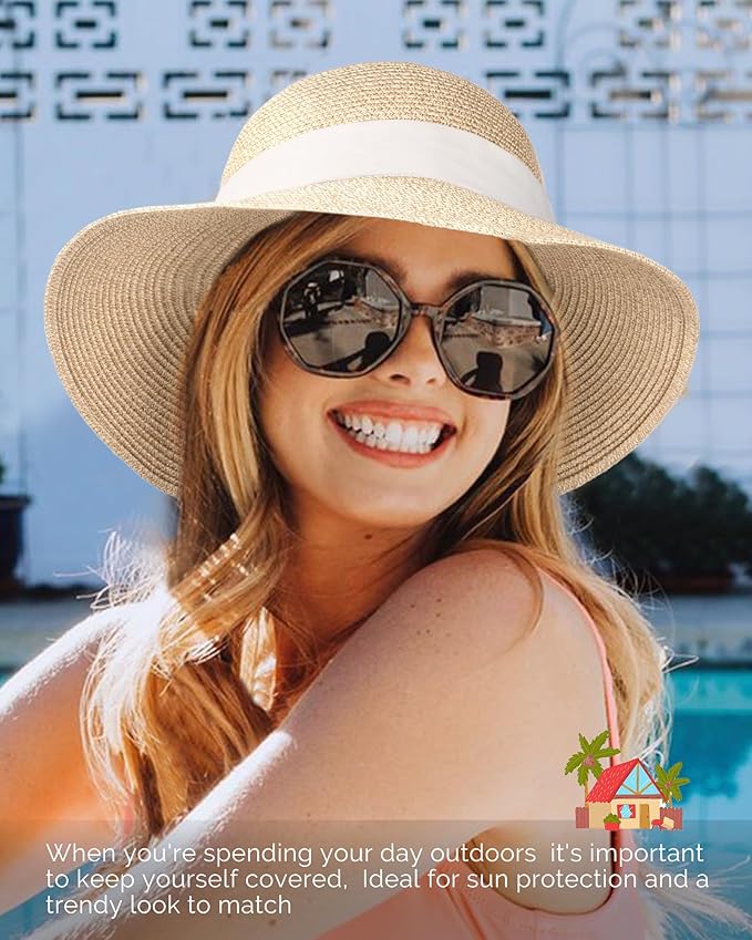 FURTALK Womens Beach Sun Straw Hat UV UPF 80+ Travel Foldable Brim Summer UV Hat