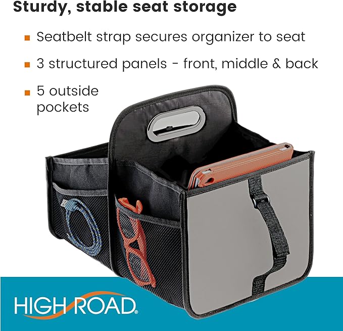 High Road Car Caddy with Cup Holders - Front Seat Organizer for Drivers or Back Seat Organizer for Kids - Portable Car Organizer with Easy One-Handed Carry Handle