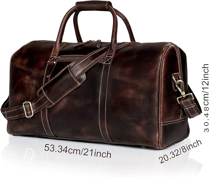21 Inch Genuine Buffalo Leather Travel Duffle Bag | Overnight Weekend Leather Bag | Sports Gym Duffel for Men| Airplane Under Seat Carry on Bags (brown)